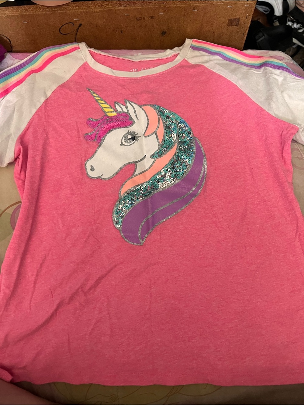 The Children's Place Pink Unicorn Sequin Raglan Tee with Rainbow Accents